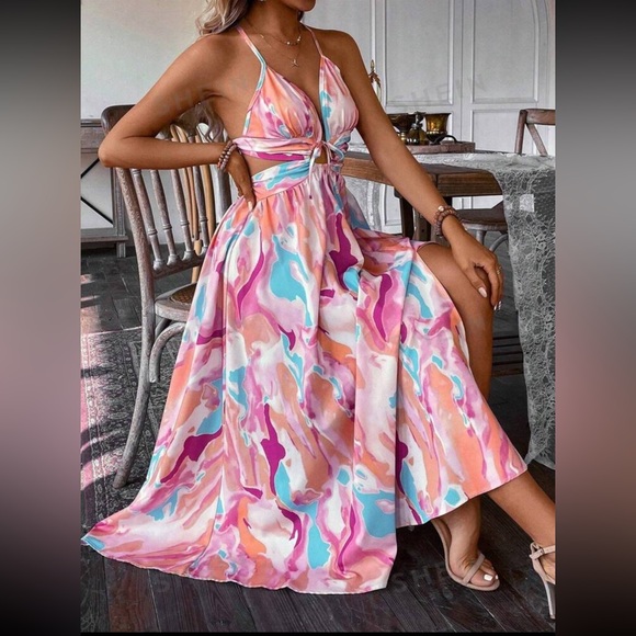 NITB SHEIN VCAY Women's Tie Dye Cutout Waist Hollow Out Cami Dress - Picture 2 of 6